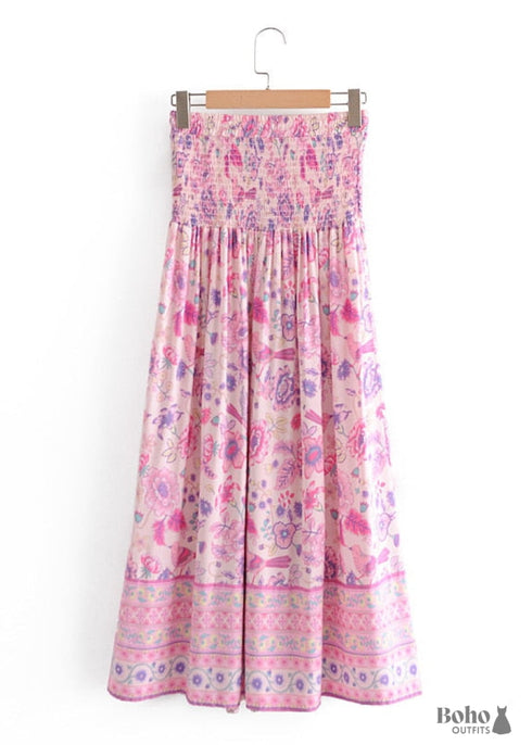 Boho Skirts in Smocked Waist, Bird Garden in Pink Purple For Women